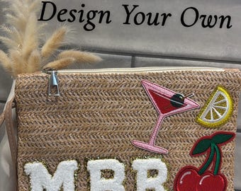 Personalized Straw Clutch, Custom Initial Patches, Beach Bag