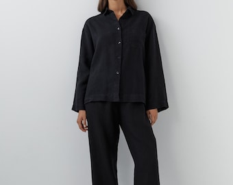Black Linen Lounge Set, Relaxed Fit Shirt & Wide-Leg Pants, Comfortable Homewear Clothing