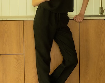 Black linen pants MUSE | Loose fit trousers with pockets | Hight waist pants for woman | Linen sleepwear