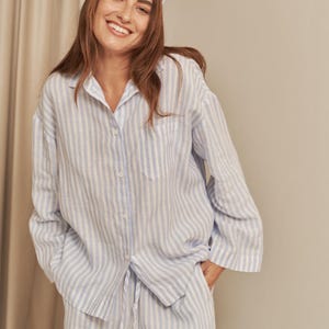 Linen Pajama Set Women, Striped Blue and White Summer Loungewear, Lightweight Linen Shorts and Shirt, Handmade Sleepwear Gift