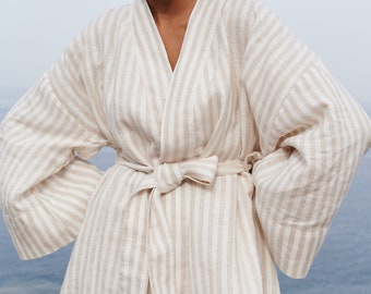 Linen dressing gown | Striped kimono robe in beige with inside pockets | Linen bathrobe for women |