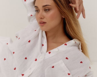 Linen Pyjama Set LOVE | White pajama with red hearts | Linen sleepwear set with pants and long-sleeved shirt | Loungewear for Women |