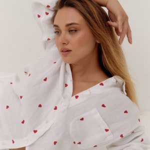 Linen Pyjama Set, White Sleepwear with Red Hearts, 2 Piece Loungewear Outfit, Romantic Pajama