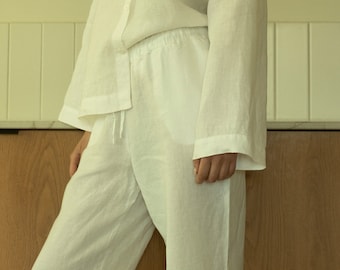 Linen pants MUSE in white | Loose linen trousers | High waist pants | Trousers with pockets | Linen sleep pants