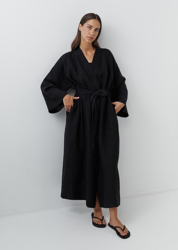 Black Linen Kimono Robe, Long Lounge Dressing Gown with Pockets Black Linen Kimono Robe, Long Lounge Dressing Gown with Pockets