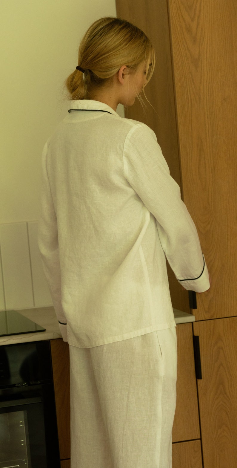 Long sleeve linen pajama set Kori White sleepwear Women lounge set Luxury Christmas gift wife girlfriend image 3