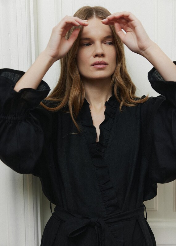 black linen dressing gown Black Linen Dressing Gown for Women, Long Ruffle Robe