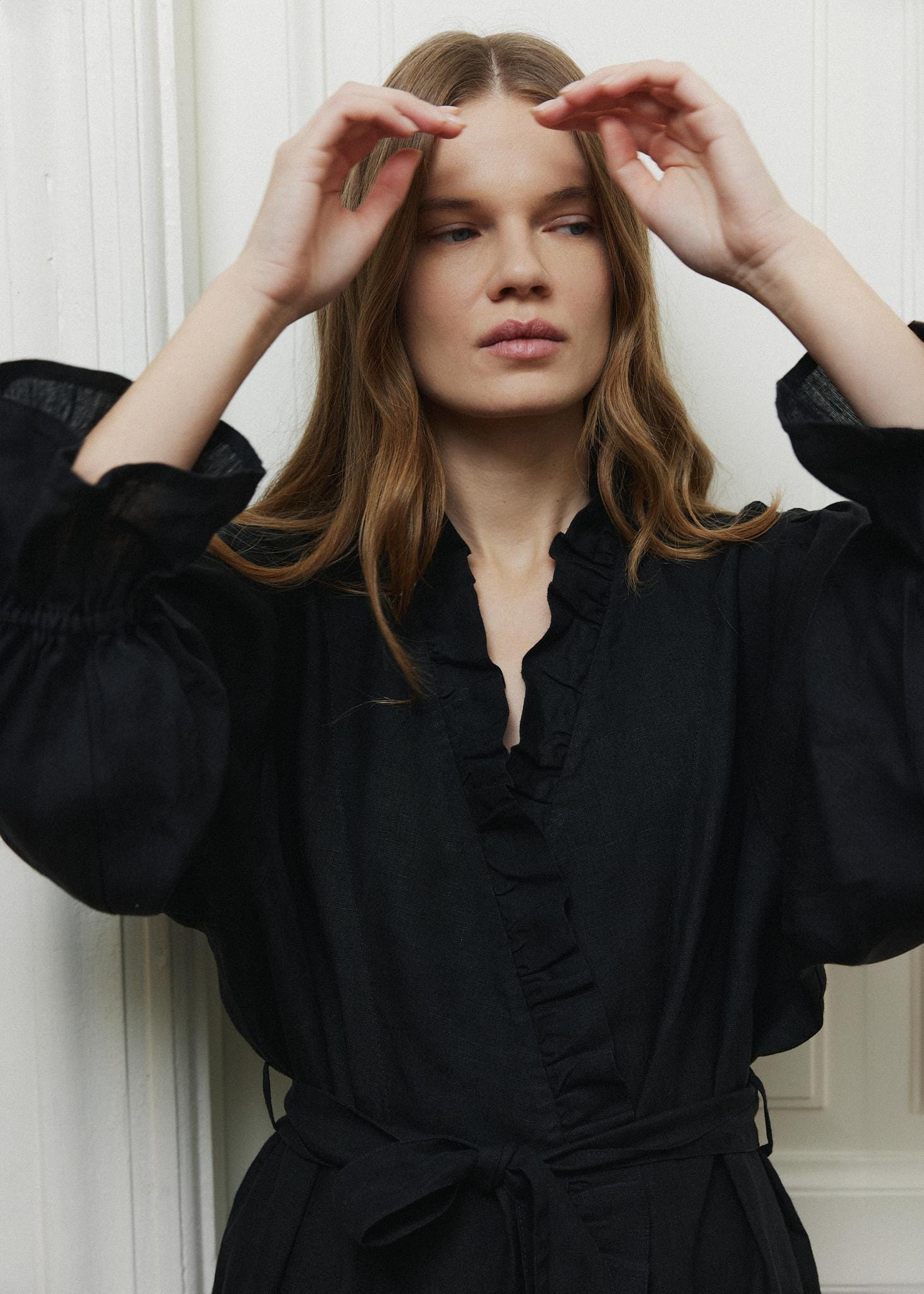 Black Linen Dressing Gown for Women, Long Ruffle Robe