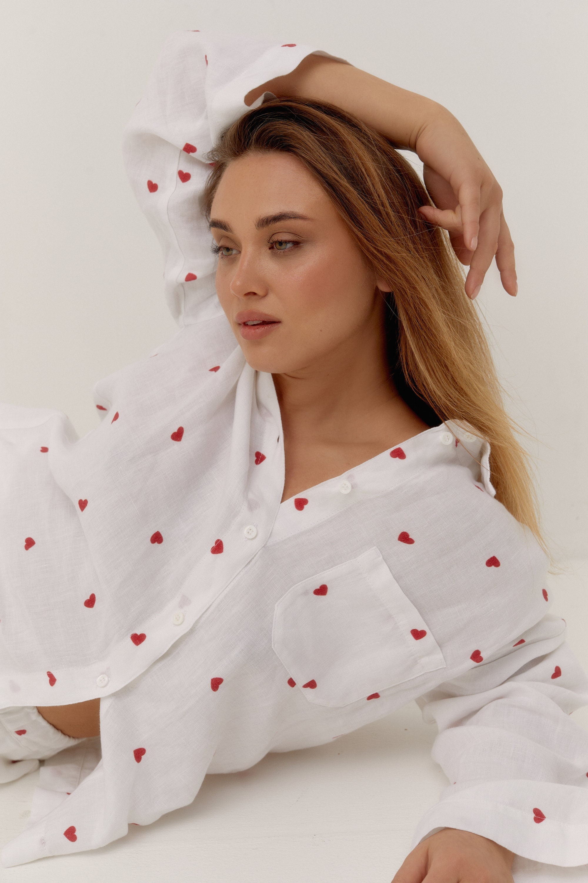 Linen Pyjama Set LOVE White pajama with red hearts Linen sleepwear set with pants and long sleeved shirt Loungewear for Women