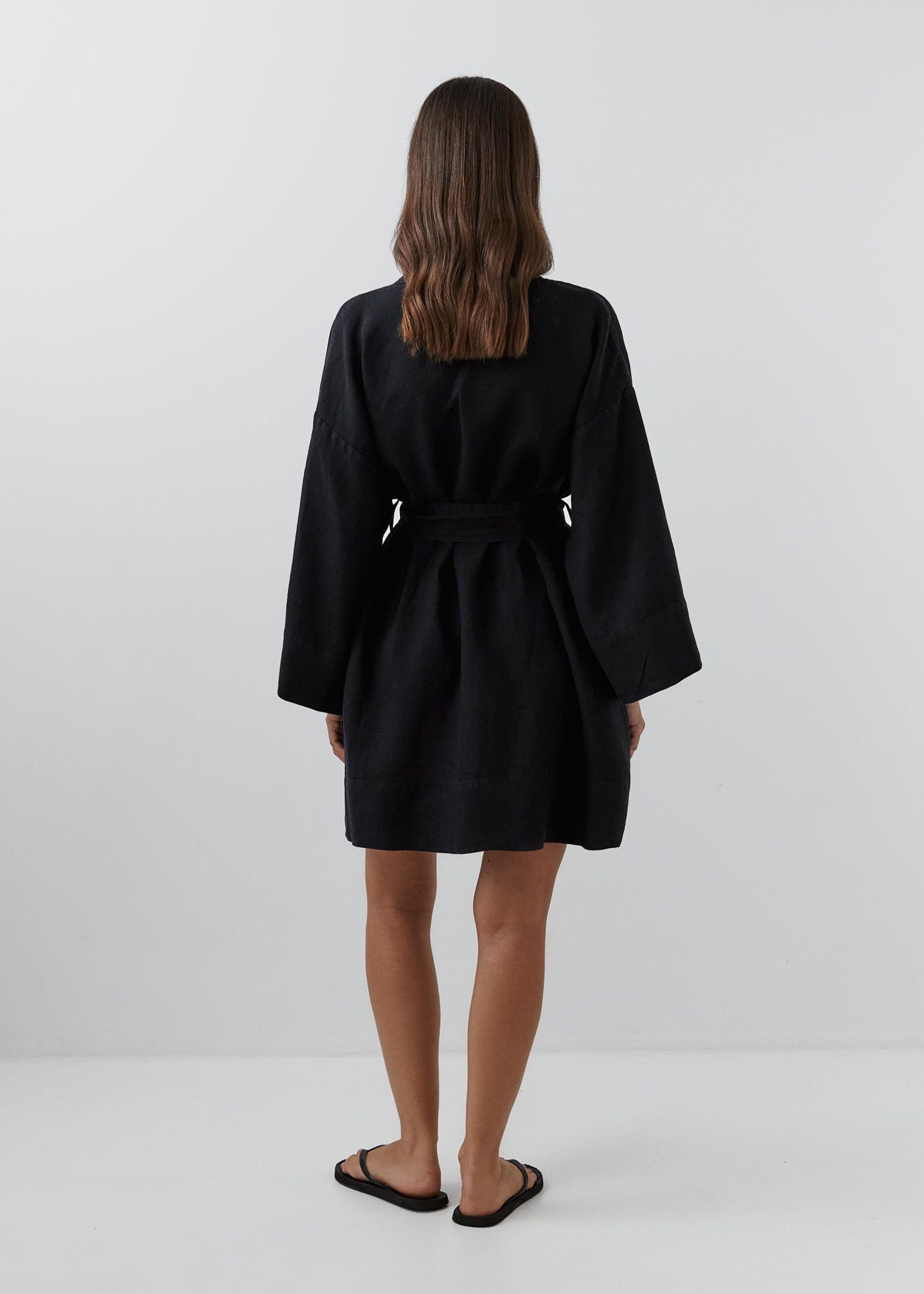 Short Kimono Linen Robe Black Bathrobe Long Sleeve Lounge Wear Robes ...