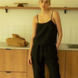 Black linen pants MUSE Loose fit trousers with pockets Hight waist pants for woman Linen sleepwear image 2