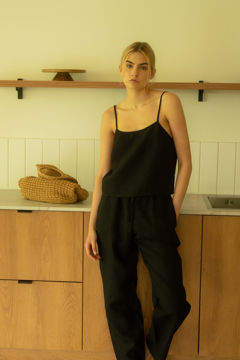 Black linen pants MUSE Loose fit trousers with pockets Hight waist pants for woman Linen sleepwear image 2