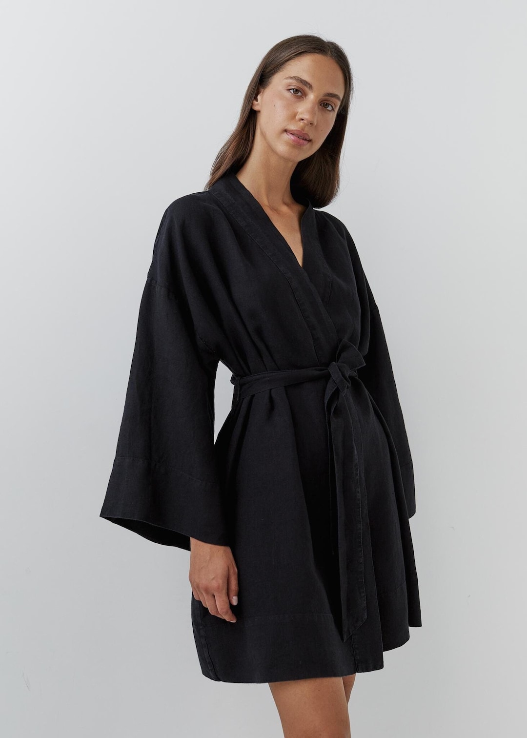 Short Kimono Linen Robe Black Bathrobe Long Sleeve Lounge Wear Robes ...