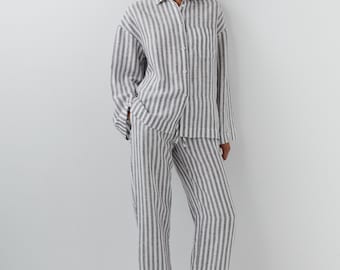 Striped Linen Pajama Set, Women's Relaxed Loungewear, Nightwear, Sleepwear, Pyjama pants, Long Sleeve Shirt