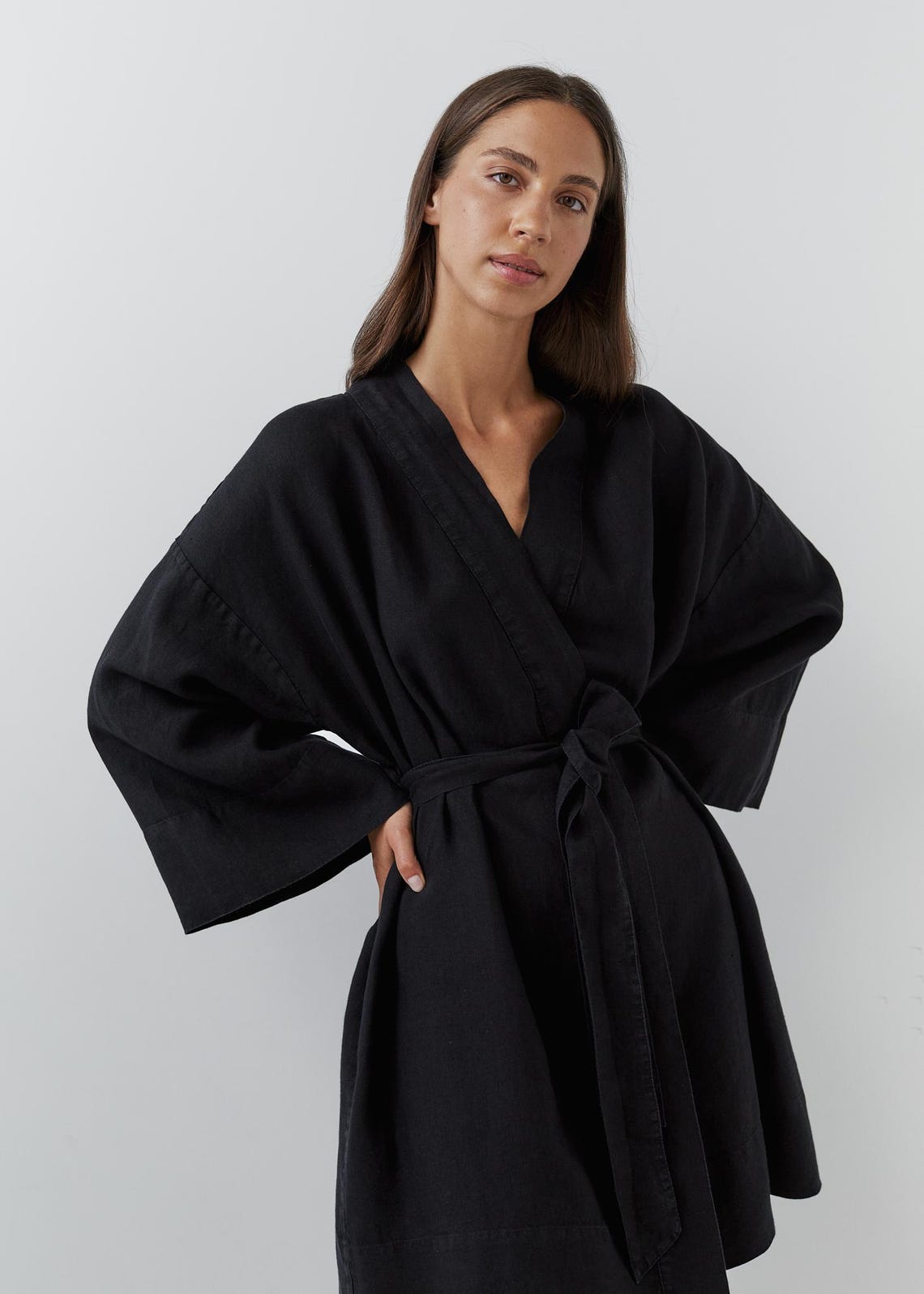 Short Kimono Linen Robe Black Bathrobe Long Sleeve Lounge Wear Robes ...