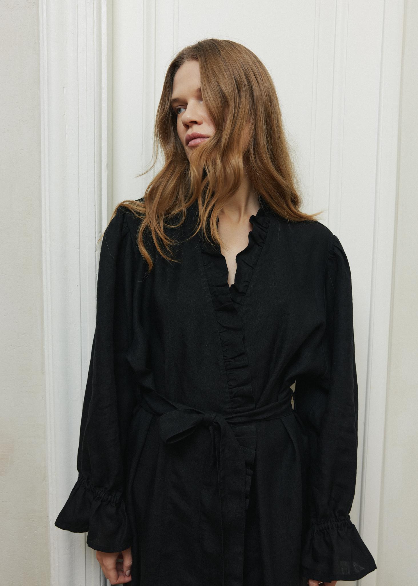 Black Linen Dressing Gown for Women, Long Ruffle Robe