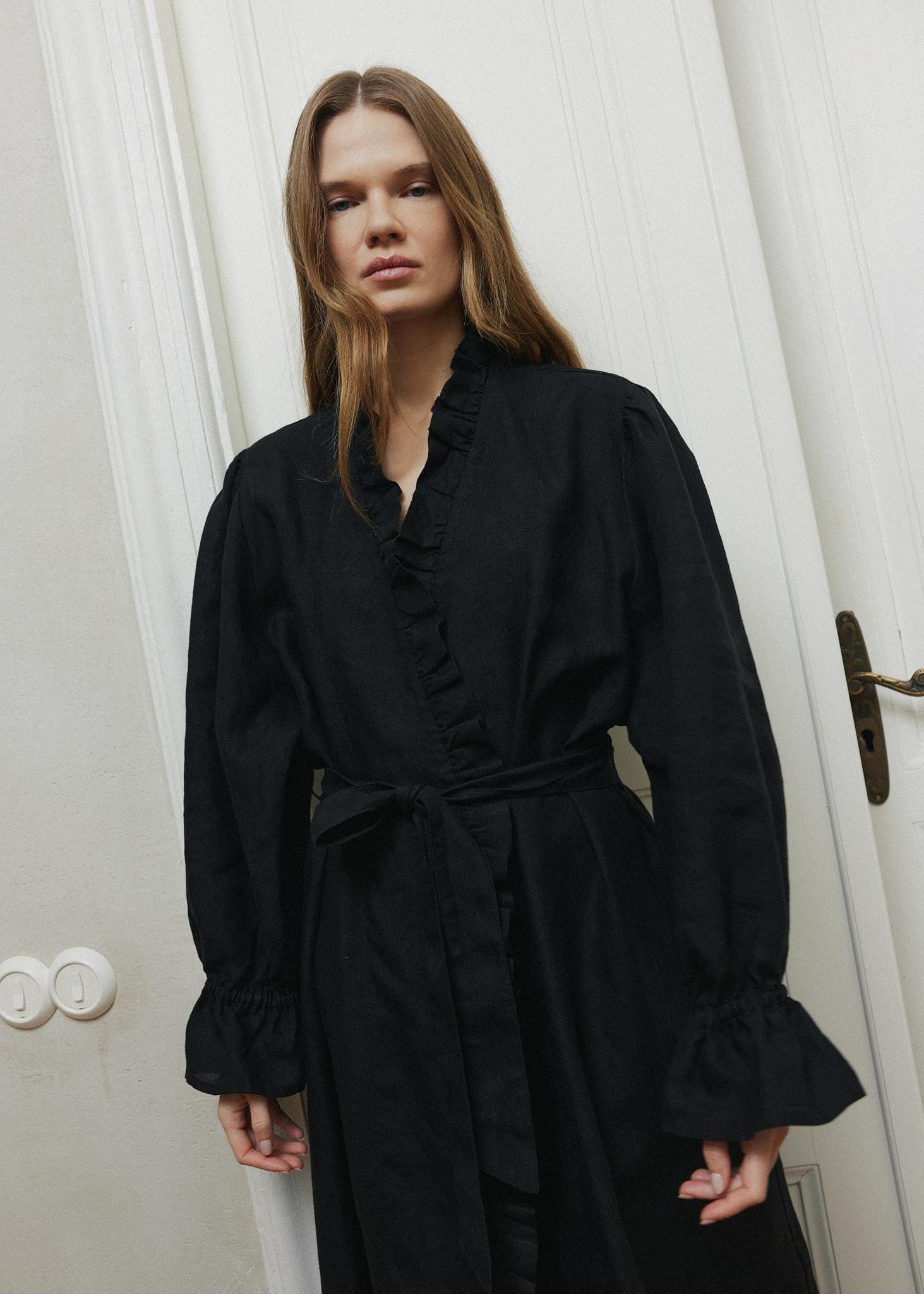 black linen dressing gown Black Linen Dressing Gown for Women, Long Ruffle Robe