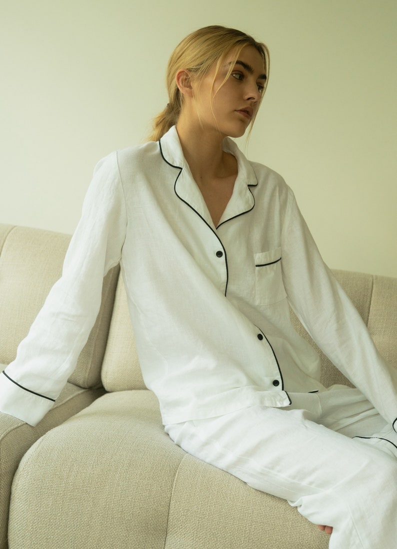 Long sleeve linen pajama set Kori White sleepwear Women lounge set Luxury Christmas gift wife girlfriend image 5