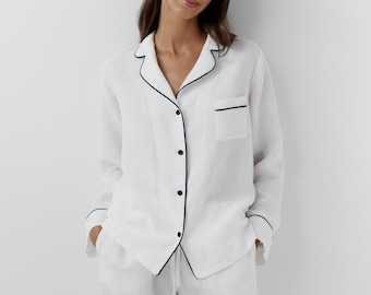 White Linen Pajama Set, Women's Loungewear with Black Piping