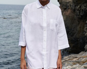 White linen button down shirt with slits | Three quarter sleeve top | Drop shirt | Lightweight linen shirt for women | Linen summer blouse