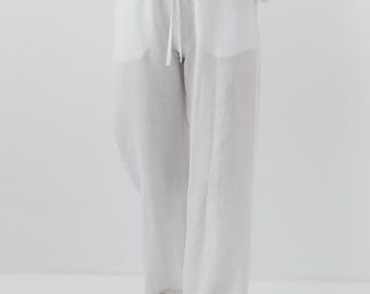White Linen Pants – Elastic Waist with Adjustable Drawstring and Pockets for Women