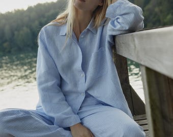 Striped Linen Pajama Set: Women's Button-Up Loungewear, Two-Piece Homewear Set