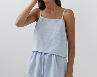 Luxury Linen Pajama Set for Women – Breathable, Eco-Friendly Sleepwear with Adjustable Straps & Drawstring Shorts