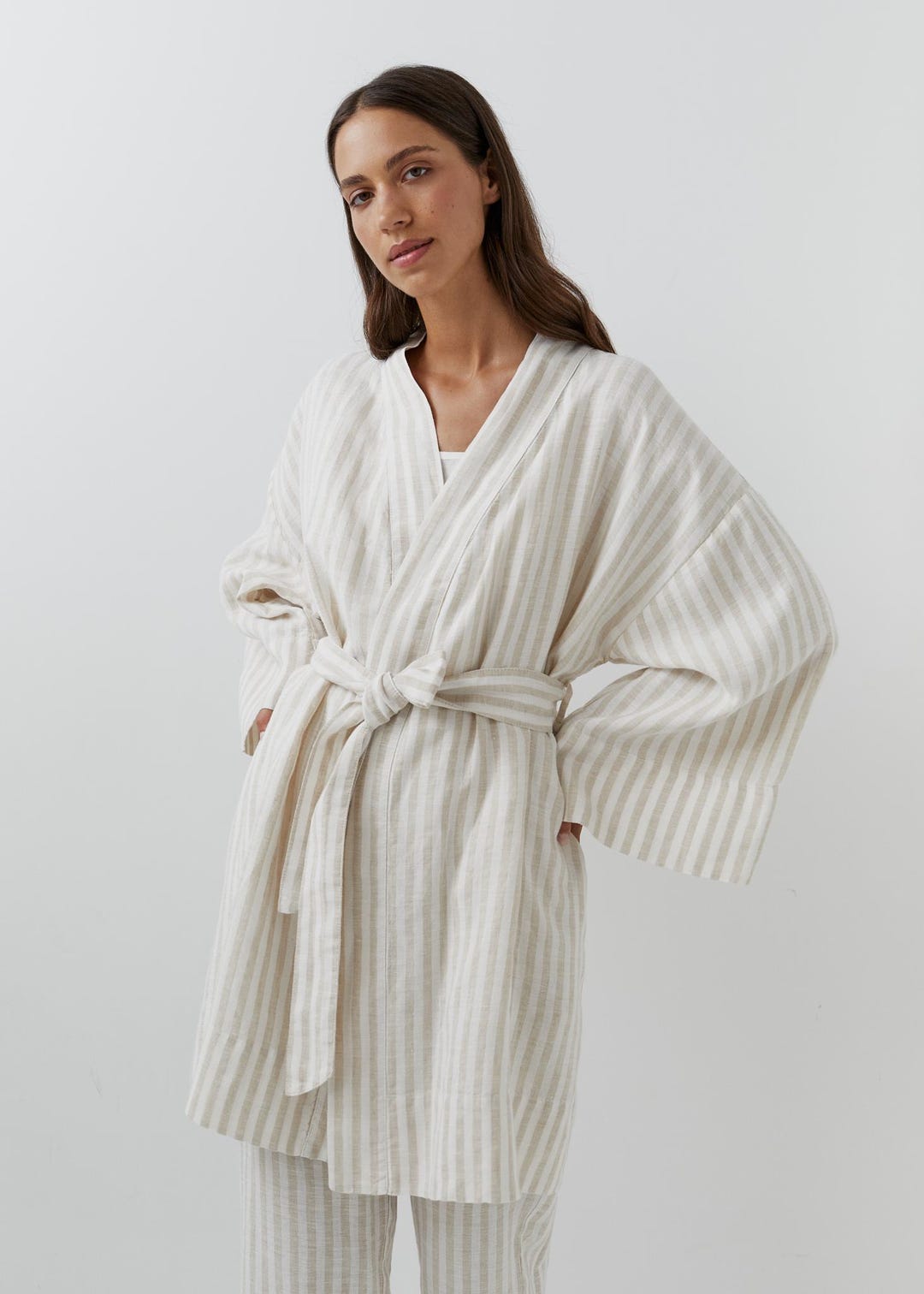 Striped Linen Kimono Robe, Beige Bathrobe With Pockets - Etsy