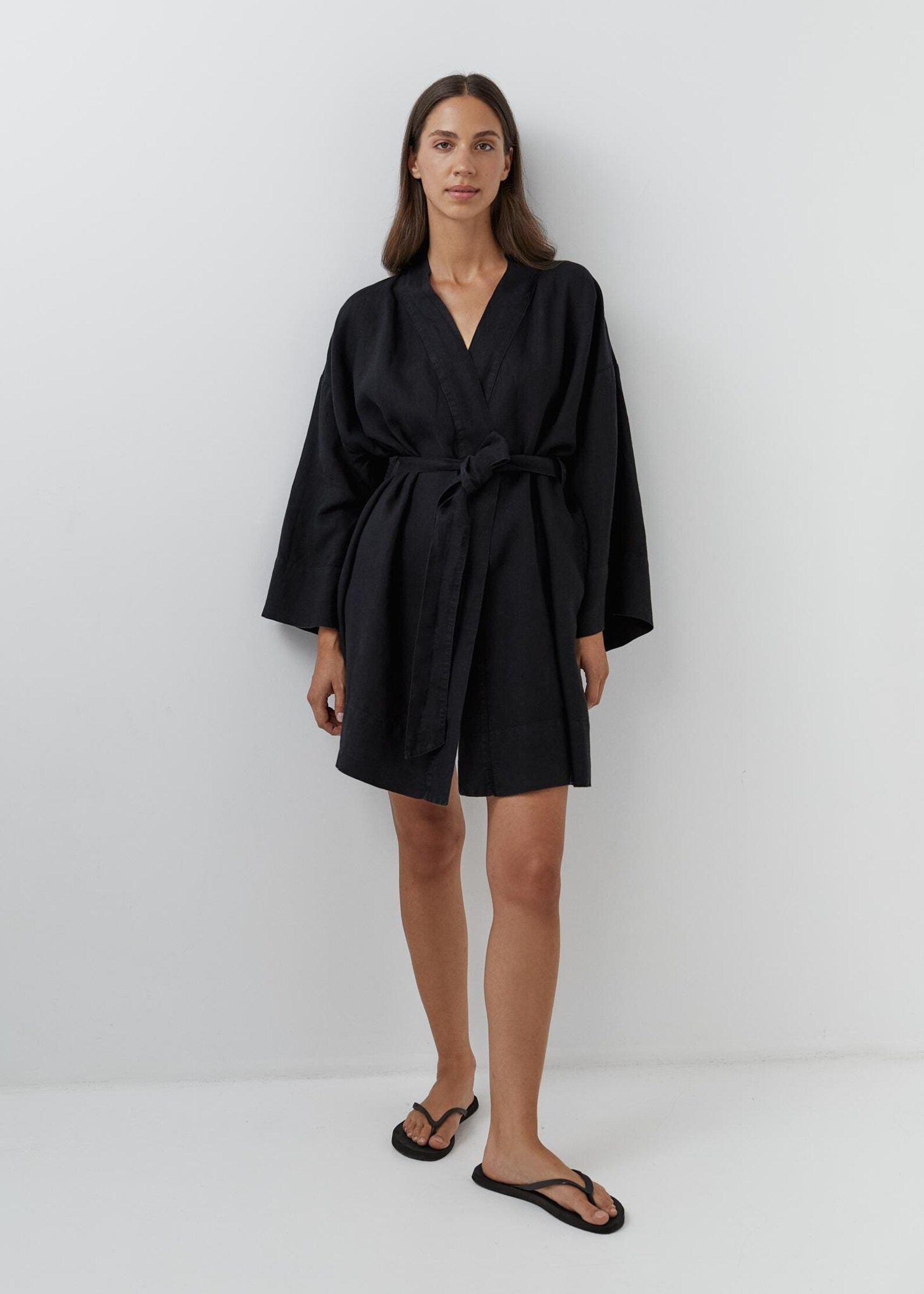 Short Kimono Linen Robe Black Bathrobe Long Sleeve Lounge Wear Robes ...