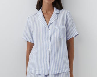 Striped Linen Pajama Set, Women's Short Sleeve Loungewear, 2 Piece Sleepwear Outfit, Comfortable PJs