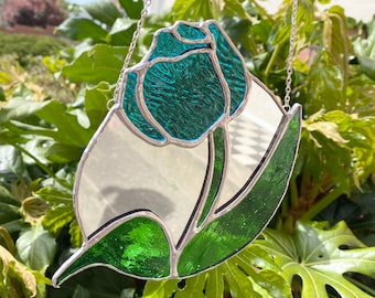 Stained Glass Turquoise Rose Mirror, Sun Catcher, Stained Glass Art, Window Art, Hanging Decoration