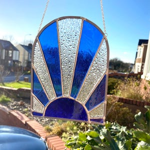 Stained Glass Blue Sunrise Arched Leaded Panel, Stained Glass Art, Stained Glass Panel, Stained Glass Hanging Panel
