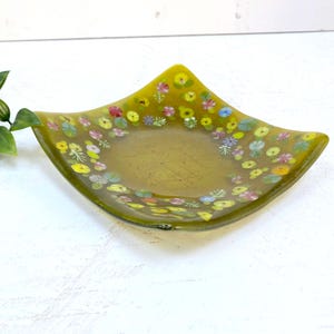 Fused Glass Amber Floral  Dish - Handmade Bowl - Trinket Bowl - Glass Bowl