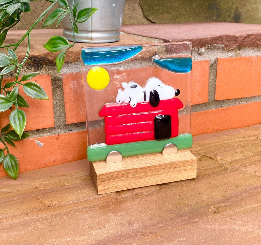 Fused Glass Sleeping Snoopy Panel With Oak Stand, Fused Glass Art ...