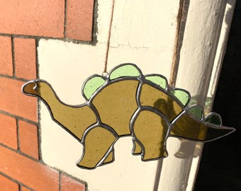 Stained Glass Stegosaurus Sun Catcher: Olive Green Dinosaur Window Art