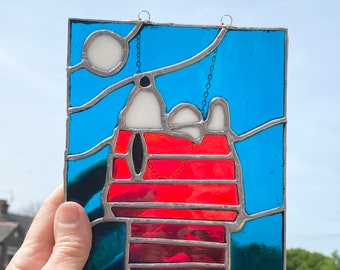 Stained Glass Moonlight Snoopy Sun Catcher, Stained Glass Art, Window Art, Hanging Decoration