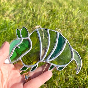 Stained Glass Green Armadillo Sun Catcher: Hanging Window Art