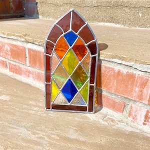 Stained Glass Cathedral Window Panel: Leaded Art, Silver Chain