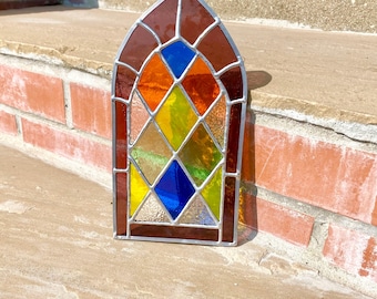 Stained Glass Cathedral Window Panel: Leaded Art, Silver Chain