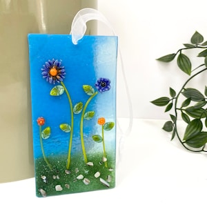 Fused Glass Floral Sun Catcher Panel - Handmade Glass Artwork
