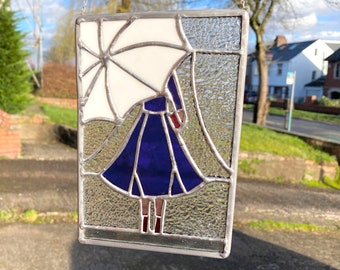 Stained Glass Woman In The Rain Leaded Panel, Stained Glass Art, Stained Glass Panel, Stained Glass Hanging Panel