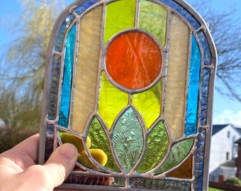 Stained Glass Sun And Lotus Flower Leaded Panel, Stained Glass Art, Stained Glass Panel, Stained Glass Hanging Panel