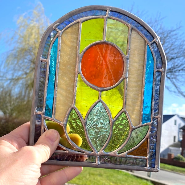 Stained Glass Sun And Lotus Flower Leaded Panel, Stained Glass Art, Stained Glass Panel, Stained Glass Hanging Panel