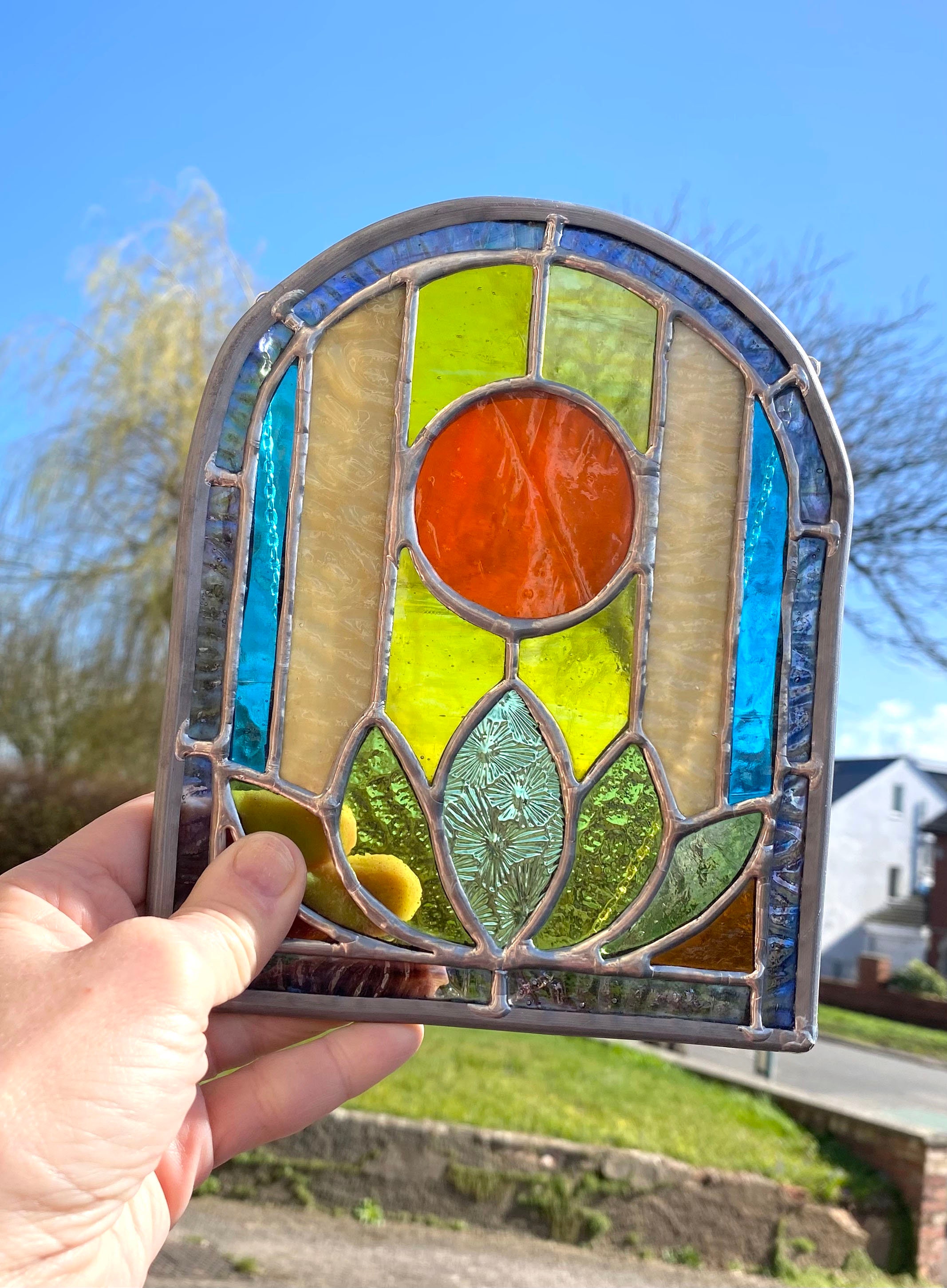 Stained Glass Sun & Lotus Flower Panel: Leaded Window Hanging - Etsy