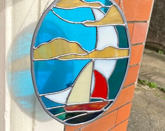 Stained Glass Sailing Boat And Moon Seascape Leaded Panel, Stained Glass Art, Stained Glass Panel, Stained Glass Hanging Panel