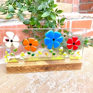 Fused Glass Floral Meadow Panel with Oak Stand: Retro Home Decor