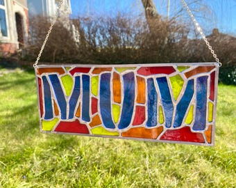 Stained Glass 'Mum' Leaded Hanging Panel: Colourful Art (L)