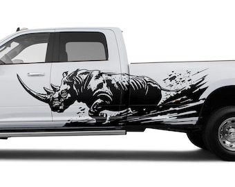 Rhino Truck Decal, Japanese Kanji Sticker, Aggressive Rhinoceros Vinyl, Off Road Bed Side Graphic