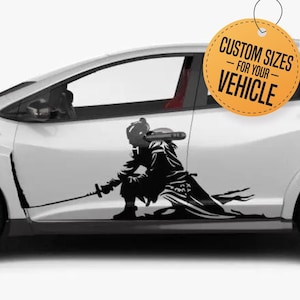 May include: A white car with a black silhouette of a person holding a sword on the side. The car has a black spoiler and black wheels with red accents. A yellow tag with the text "CUSTOM SIZES - FOR YOUR VEHICLE" is attached to the car.