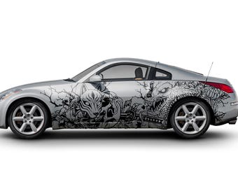 Kitsune Skull Car Side Japanese Style Vinyl Decal, Yokai Spirit Livery Wrap for Vehicles